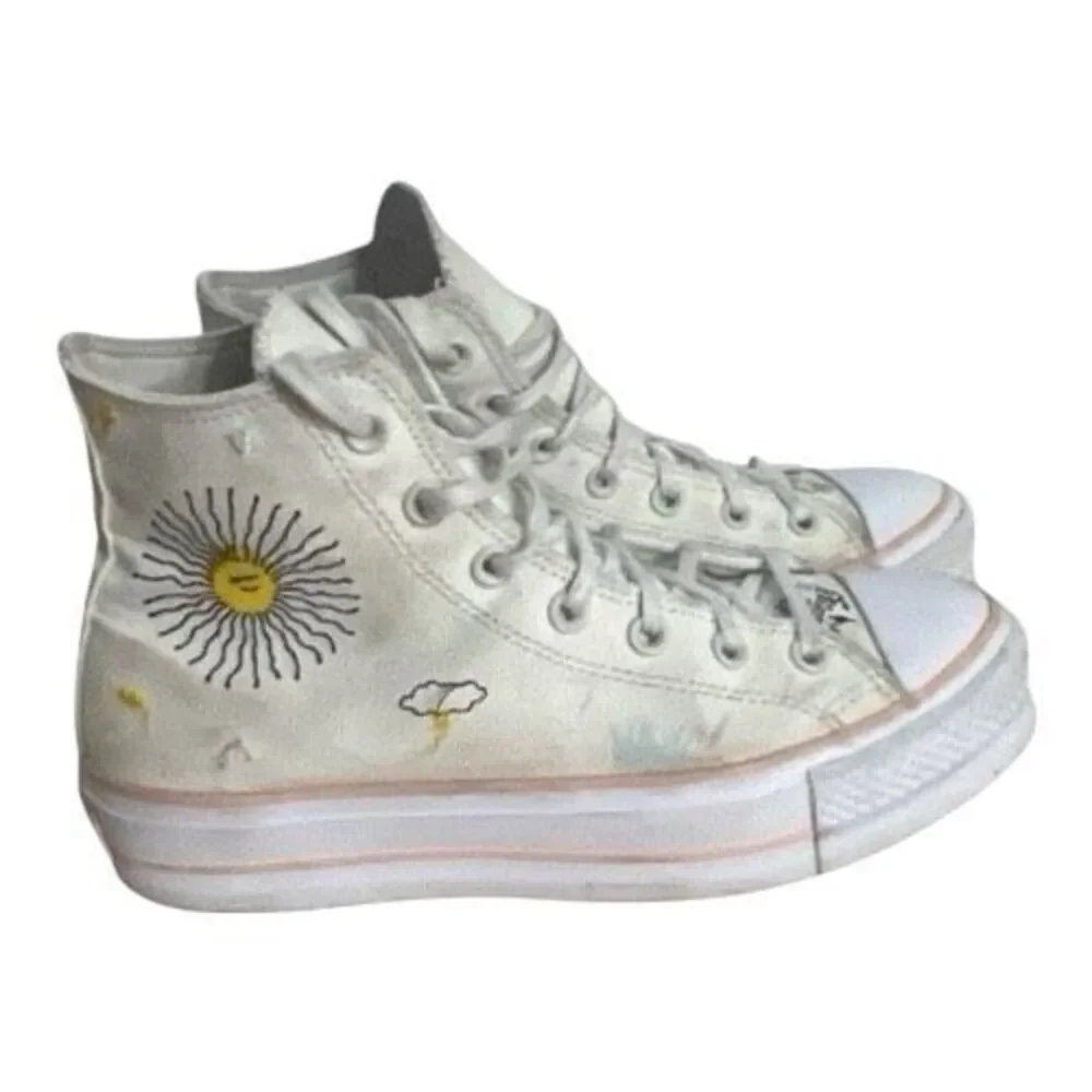 Converse Chuck Taylor All Star Lift High White Sun & Cloud Embroidered Shoes 9